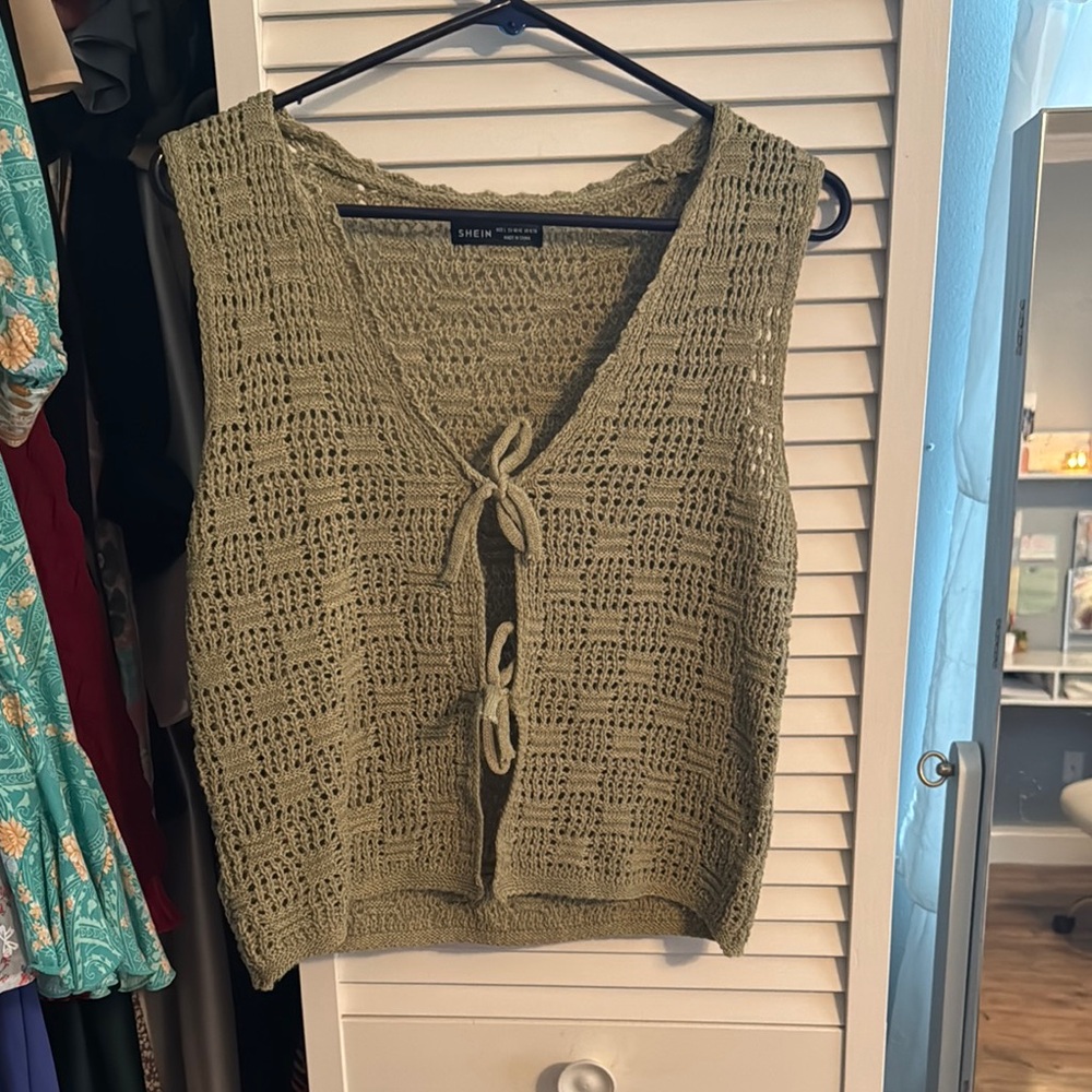 Shein Olive Green Crochet Tie-Front Top